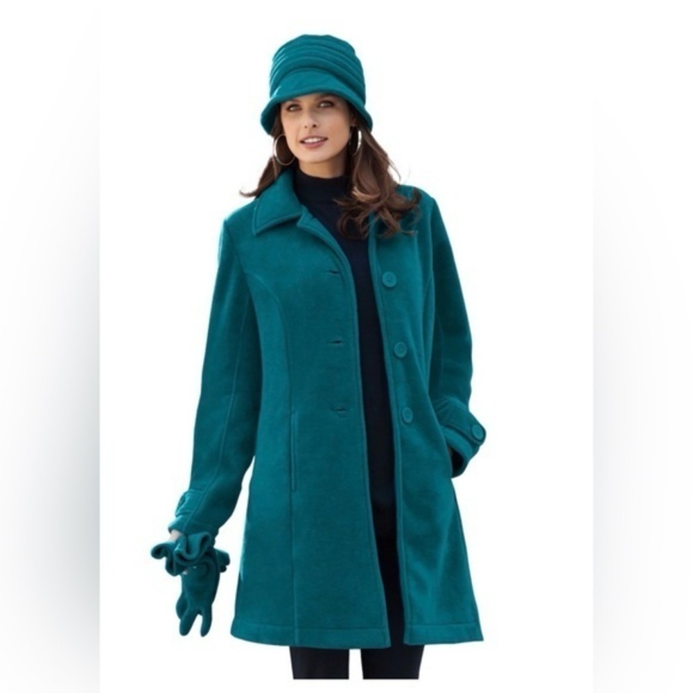 Roaman's Plus Button Up Fleece Jacket Deep Lagoon Teal 1X (3X 22W 24W)